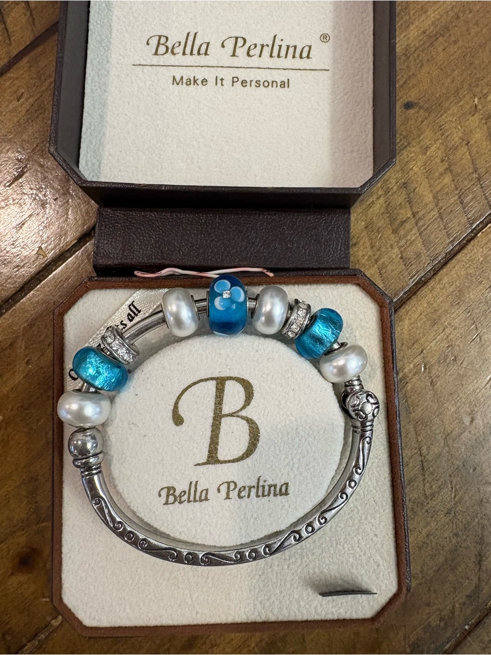 bella Perlina Blue Glass & Pearl Charm Bracelet with Silver Accents